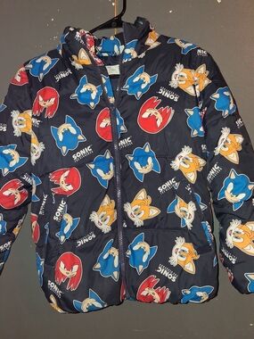 H&M Kids Puffer Jacket Sonic - Navy with Blue, Red & Yellow Sonic Print